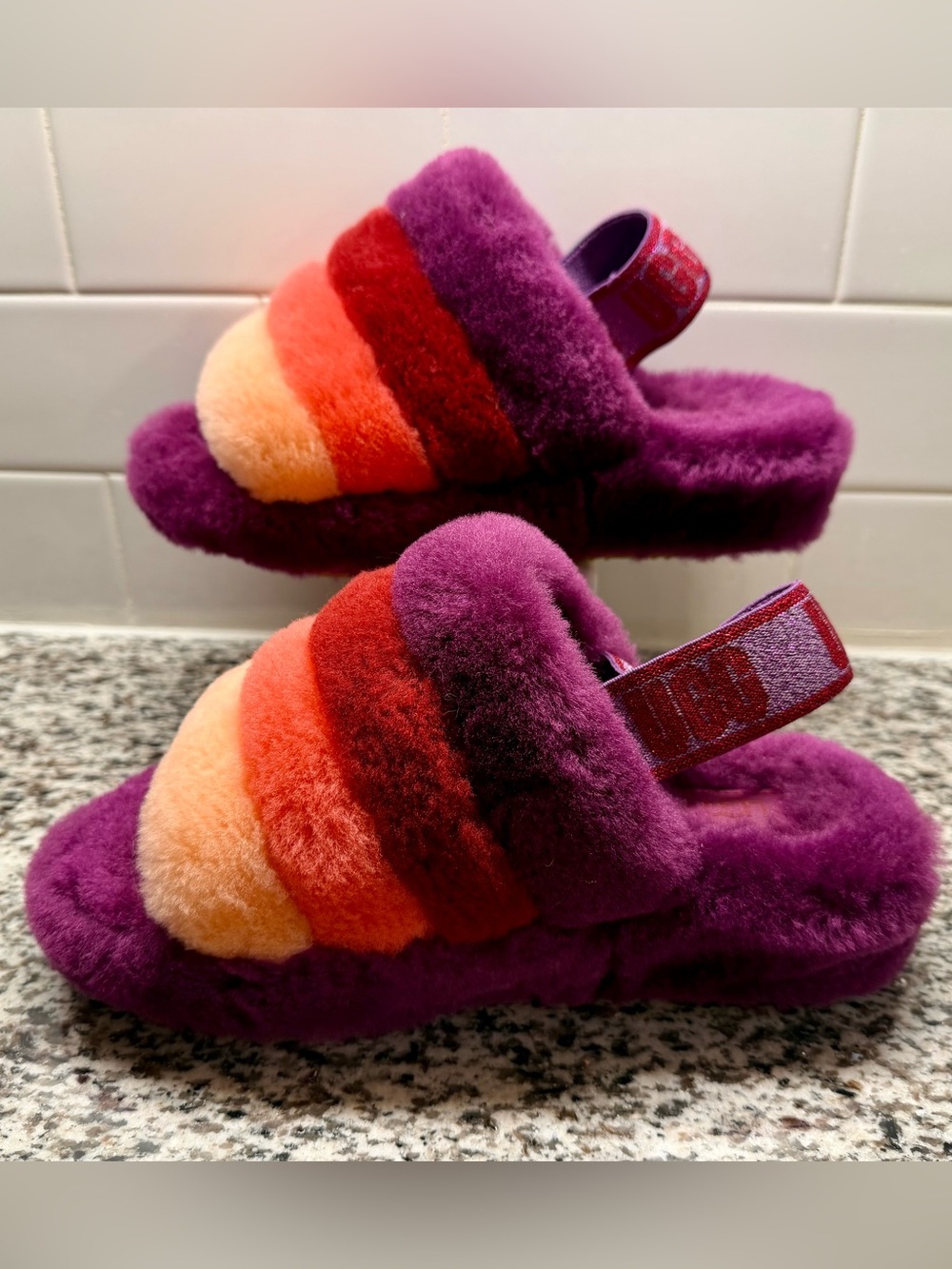 UGG | Fluff Yeah Stripe Slide Slippers | Berrylicious Multi / Purple | Size 6